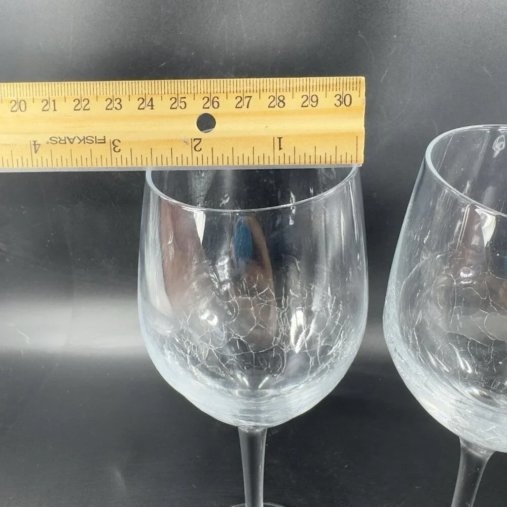 Pier 1 Clear Glass Crackle Angled Rim Goblet Drinking Glasses Cups Set 2 BarWare